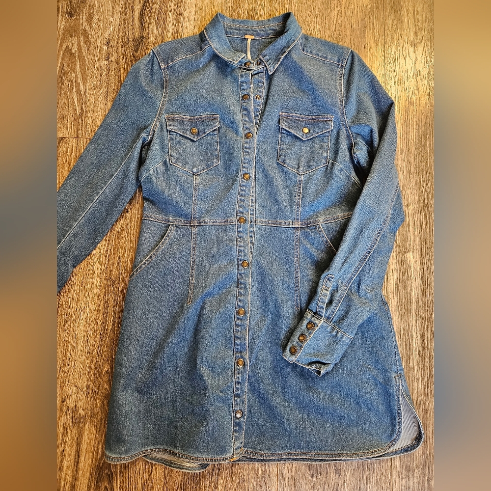 Free People Dynomite Stretch Denim Button Long Sleeve Pocket Mini Dress Medium - Picture 3 of 10